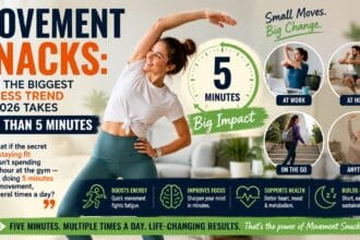 nfographic showing movement snacks fitness trend 2026 — short 30-second to 5-minute bursts of movement spread across the day to replace long gym sessions and improve health.