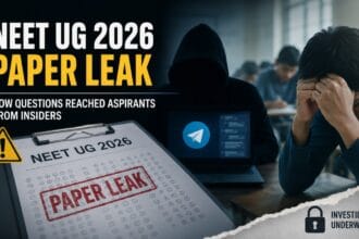A dramatic graphic showing the NEET UG 2026 paper leak explained, the controversy with a leaked exam paper, hooded figure using Telegram on a laptop, and a stressed student in an examination hall. The image highlights the ongoing investigation into the exam scandal.