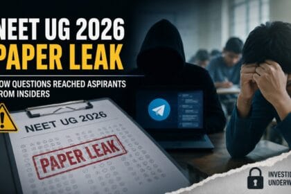 A dramatic graphic showing the NEET UG 2026 paper leak explained, the controversy with a leaked exam paper, hooded figure using Telegram on a laptop, and a stressed student in an examination hall. The image highlights the ongoing investigation into the exam scandal.