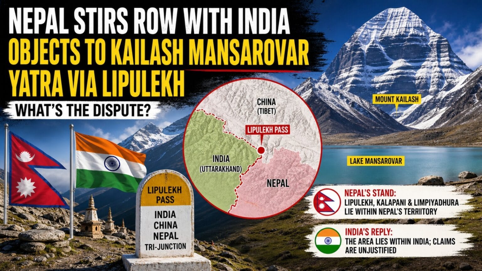 Dramatic Himalayan backdrop featuring Mount Kailash and Lake Mansarovar with India and Nepal flags, highlighting the Nepal-India Dispute over Lipulekh Pass and the Kailash Mansarovar Yatra route.