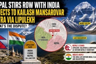 Dramatic Himalayan backdrop featuring Mount Kailash and Lake Mansarovar with India and Nepal flags, highlighting the Nepal-India Dispute over Lipulekh Pass and the Kailash Mansarovar Yatra route.