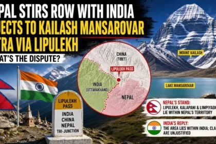 Dramatic Himalayan backdrop featuring Mount Kailash and Lake Mansarovar with India and Nepal flags, highlighting the Nepal-India Dispute over Lipulekh Pass and the Kailash Mansarovar Yatra route.