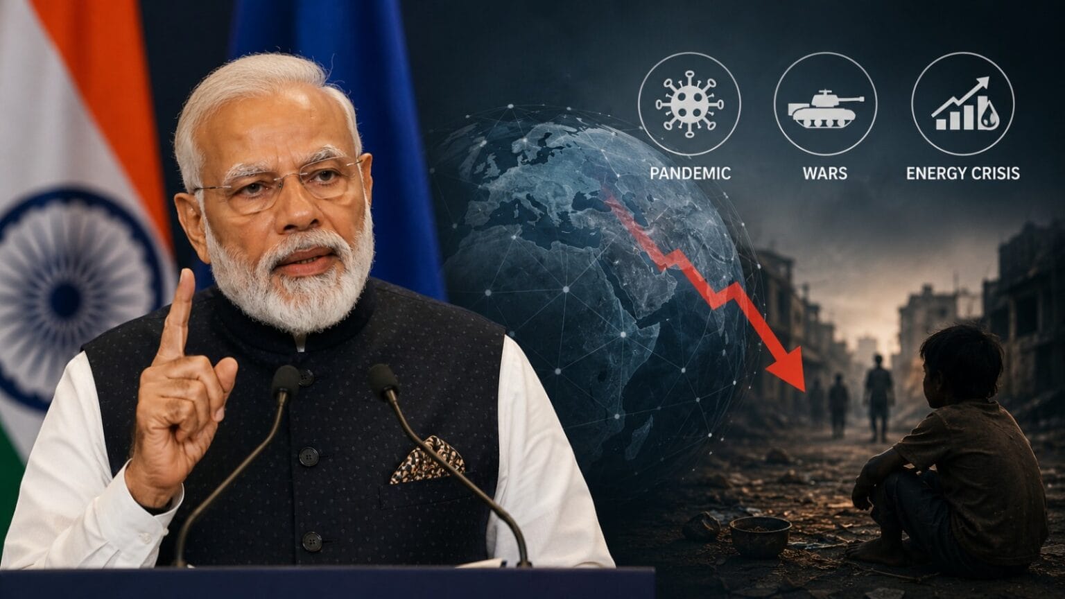 PM Modi Warns World Could Be Pushed Back Into Poverty during a speech in The Hague, with visuals showing global economic decline, wars, pandemic icons, energy crisis symbols, and poverty-stricken surroundings.