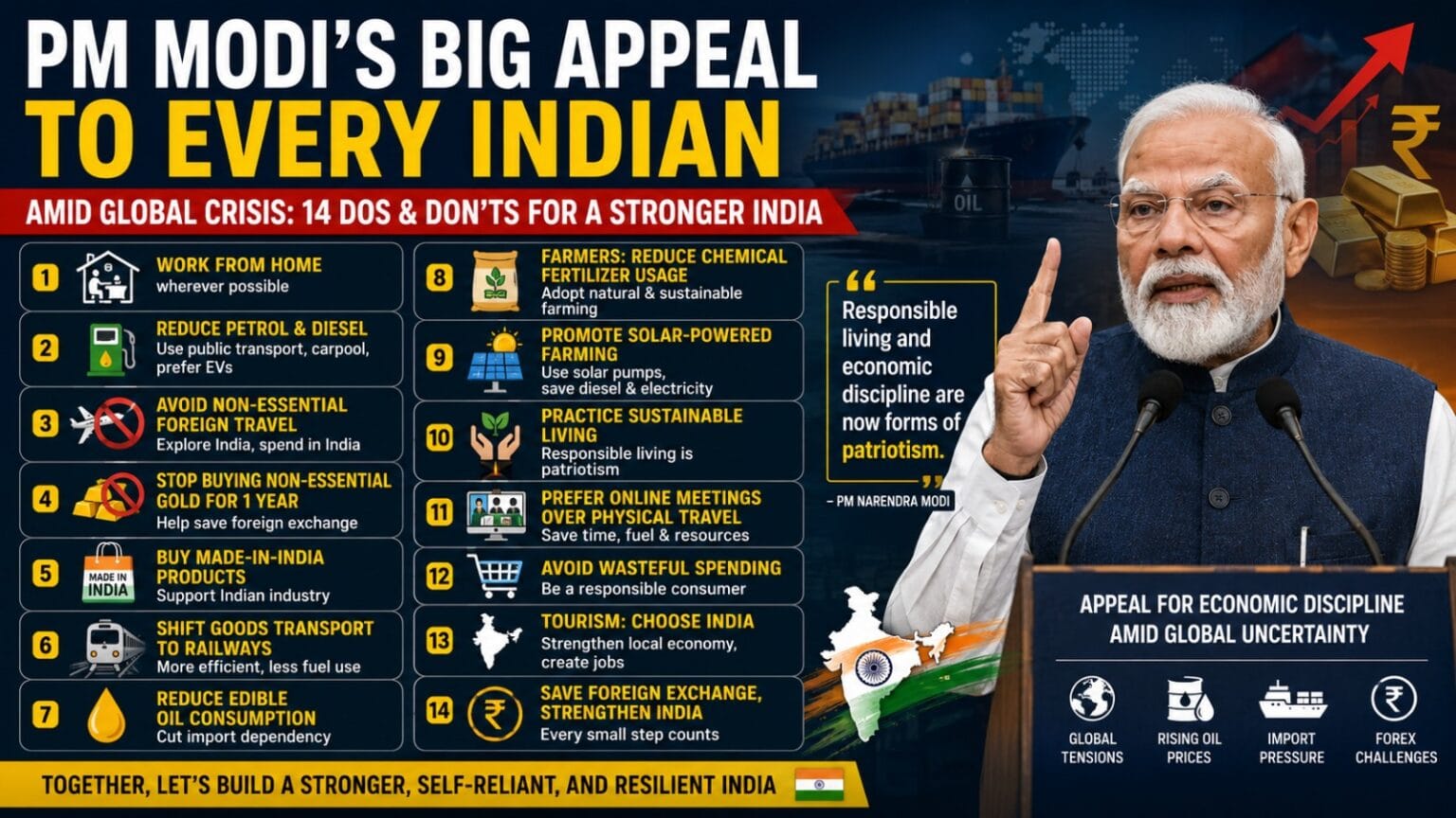 PM Modi’s Latest Speech showing Prime Minister Narendra Modi addressing the nation about economic discipline, fuel conservation, work from home, reducing gold purchases, supporting Made-in-India products, and saving foreign exchange reserves amid global uncertainty.