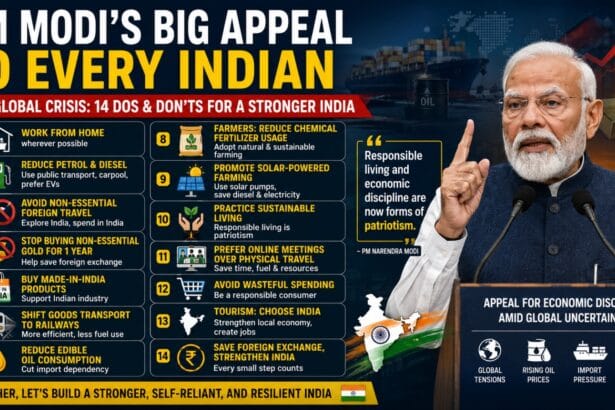 PM Modi’s Latest Speech showing Prime Minister Narendra Modi addressing the nation about economic discipline, fuel conservation, work from home, reducing gold purchases, supporting Made-in-India products, and saving foreign exchange reserves amid global uncertainty.