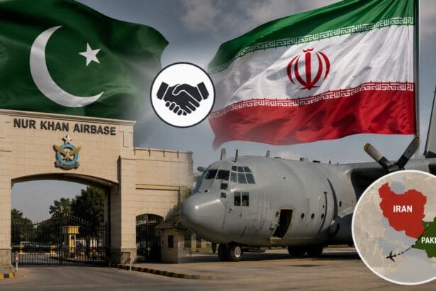 Pakistan-Iran Military Aircraft Controversy graphic showing Nur Khan Airbase, an Iranian military aircraft, Pakistan and Iran flags, and a geopolitical map highlighting alleged aircraft movement during the US-Iran conflict.