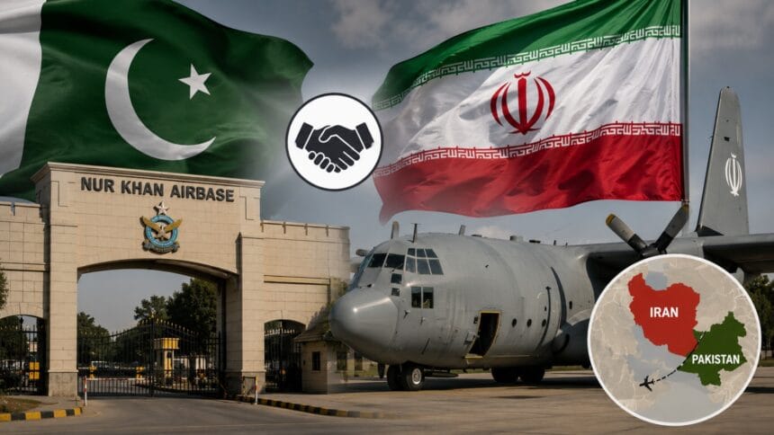 Pakistan-Iran Military Aircraft Controversy graphic showing Nur Khan Airbase, an Iranian military aircraft, Pakistan and Iran flags, and a geopolitical map highlighting alleged aircraft movement during the US-Iran conflict.