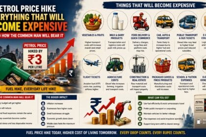 Petrol price hike infographic showing rising fuel costs and how it impacts vegetables, milk, transport, food delivery, flights, school fees, groceries, and daily expenses for common Indian households.