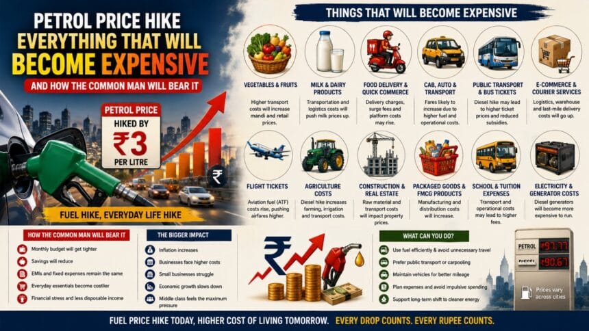 Petrol price hike infographic showing rising fuel costs and how it impacts vegetables, milk, transport, food delivery, flights, school fees, groceries, and daily expenses for common Indian households.