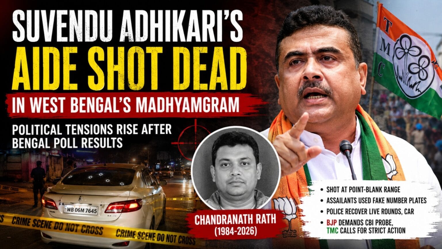 BJP leader Suvendu Adhikari speaking at a public event alongside a crime scene visual and a portrait of Chandranath Rath after the shocking shooting incident in Madhyamgram, West Bengal.