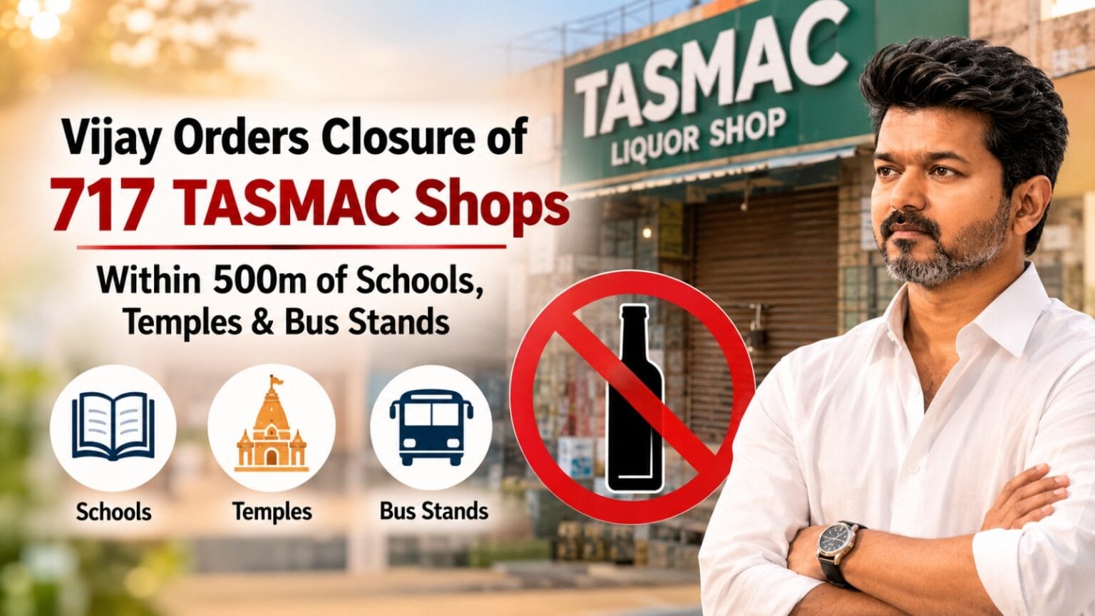 Tamil Nadu Chief Minister Vijay announcing the closure of 717 TASMAC liquor shops located near schools, religious places, and bus stands, with a closed liquor shop and prohibition symbol shown in the background.