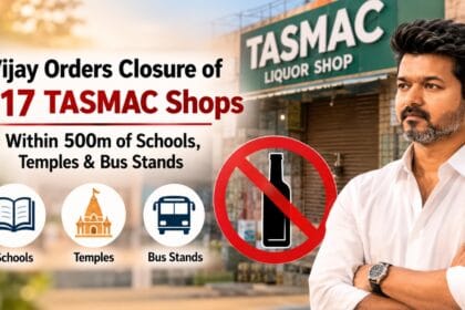 Tamil Nadu Chief Minister Vijay announcing the closure of 717 TASMAC liquor shops located near schools, religious places, and bus stands, with a closed liquor shop and prohibition symbol shown in the background.