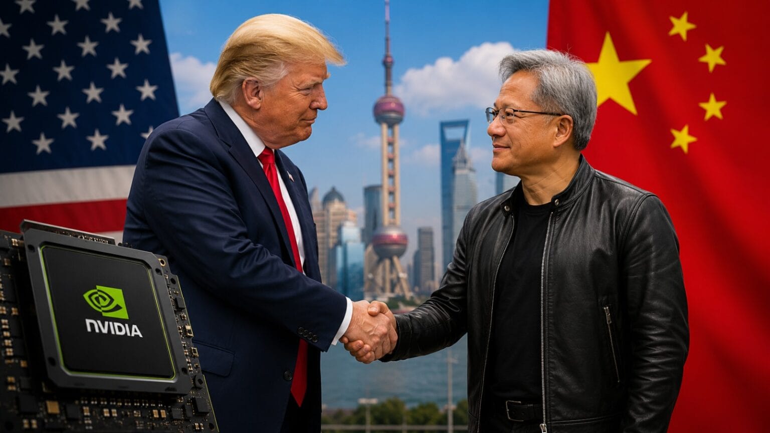 Trump’s China Mission graphic featuring Donald Trump and Nvidia CEO Jensen Huang against a backdrop of AI chips, the US and China flags, and futuristic semiconductor visuals symbolizing the global AI and trade battle.
