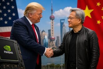 Trump’s China Mission graphic featuring Donald Trump and Nvidia CEO Jensen Huang against a backdrop of AI chips, the US and China flags, and futuristic semiconductor visuals symbolizing the global AI and trade battle.