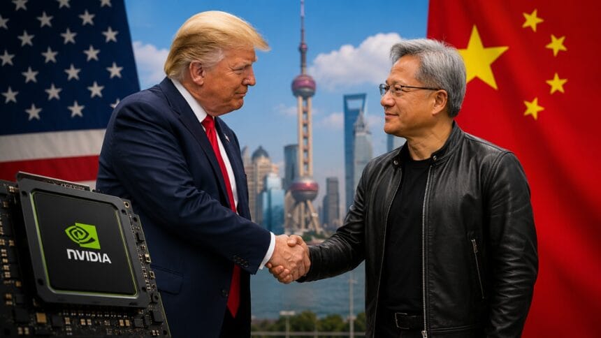 Trump’s China Mission graphic featuring Donald Trump and Nvidia CEO Jensen Huang against a backdrop of AI chips, the US and China flags, and futuristic semiconductor visuals symbolizing the global AI and trade battle.