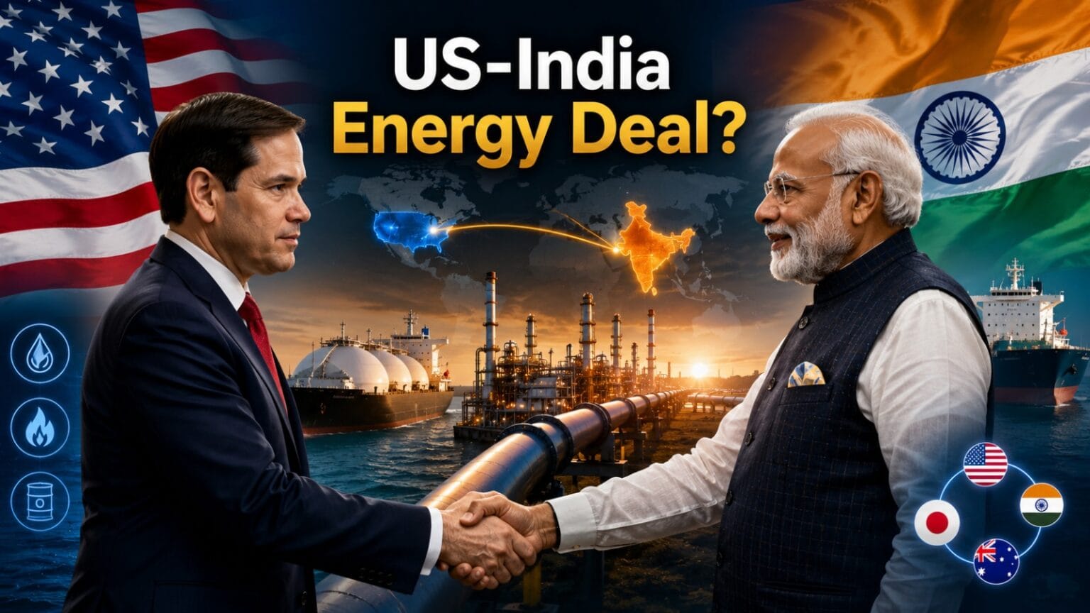US Secretary Marco Rubio and Indian Prime Minister Narendra Modi depicted against American and Indian flags with oil refineries, LNG tankers, pipelines, and trade routes symbolizing growing US-India energy cooperation during Rubio's India visit.