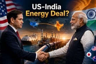 US Secretary Marco Rubio and Indian Prime Minister Narendra Modi depicted against American and Indian flags with oil refineries, LNG tankers, pipelines, and trade routes symbolizing growing US-India energy cooperation during Rubio's India visit.