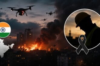 A dramatic war-themed graphic showing drones flying over a burning city during a massive Ukrainian Drone Attack on Russia, alongside the silhouette of an Indian worker and mourning ribbon symbolizing casualties from the strike.
