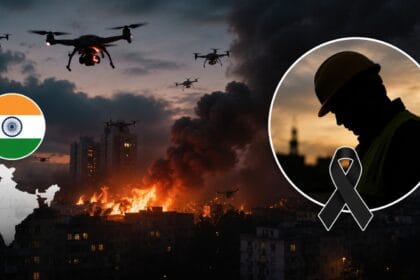 A dramatic war-themed graphic showing drones flying over a burning city during a massive Ukrainian Drone Attack on Russia, alongside the silhouette of an Indian worker and mourning ribbon symbolizing casualties from the strike.