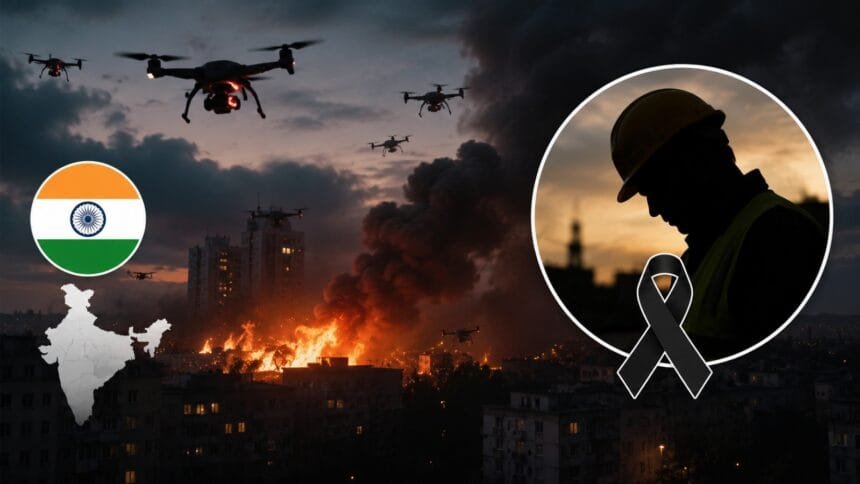A dramatic war-themed graphic showing drones flying over a burning city during a massive Ukrainian Drone Attack on Russia, alongside the silhouette of an Indian worker and mourning ribbon symbolizing casualties from the strike.