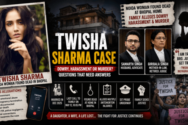 A dramatic news-style graphic about the Twisha Sharma case featuring Twisha Sharma’s portrait, her Bhopal residence, protest scenes demanding justice, and visuals highlighting allegations of dowry harassment, mental abuse, and an ongoing SIT investigation.