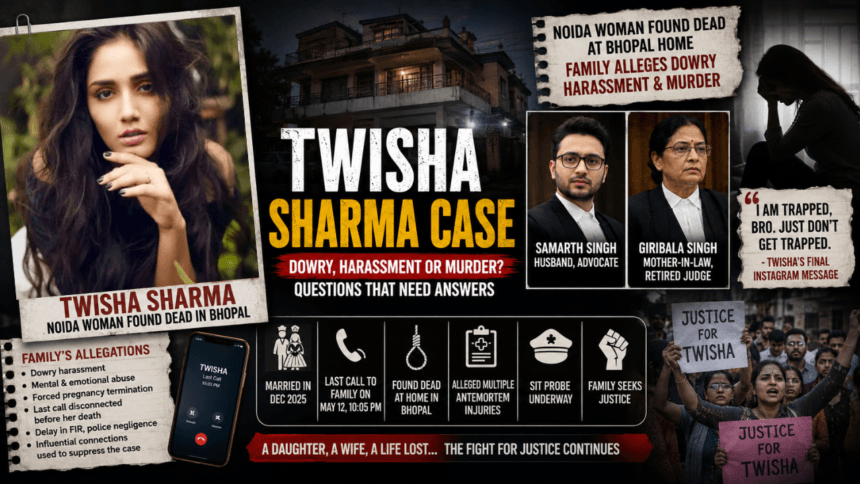 A dramatic news-style graphic about the Twisha Sharma case featuring Twisha Sharma’s portrait, her Bhopal residence, protest scenes demanding justice, and visuals highlighting allegations of dowry harassment, mental abuse, and an ongoing SIT investigation.