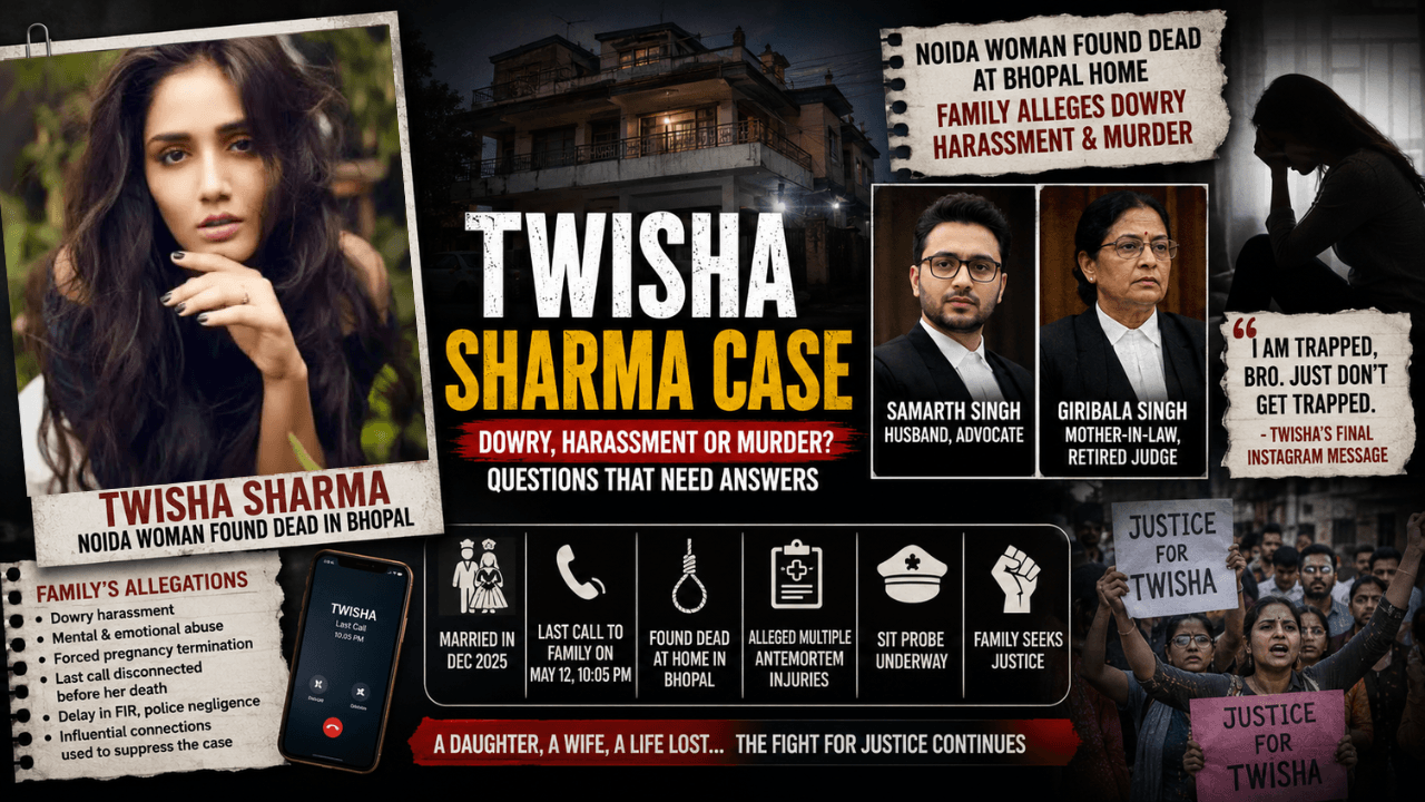 A dramatic news-style graphic about the Twisha Sharma case featuring Twisha Sharma’s portrait, her Bhopal residence, protest scenes demanding justice, and visuals highlighting allegations of dowry harassment, mental abuse, and an ongoing SIT investigation.