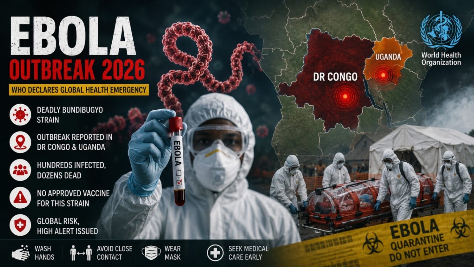 A dramatic healthcare-themed graphic showing medical workers in protective hazmat suits, Ebola virus visuals, emergency warning symbols, and an African outbreak map highlighting the ongoing Ebola Outbreak in Congo and Uganda.