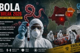 A dramatic healthcare-themed graphic showing medical workers in protective hazmat suits, Ebola virus visuals, emergency warning symbols, and an African outbreak map highlighting the ongoing Ebola Outbreak in Congo and Uganda.