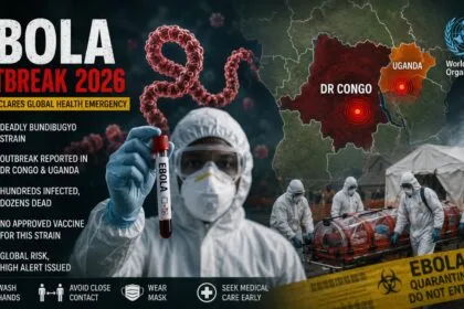 A dramatic healthcare-themed graphic showing medical workers in protective hazmat suits, Ebola virus visuals, emergency warning symbols, and an African outbreak map highlighting the ongoing Ebola Outbreak in Congo and Uganda.
