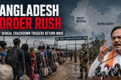 West Bengal Illegal Immigration news graphic showing a tense India-Bangladesh border scene with people carrying bags, security personnel, a regional map, and headline text about the border rush.