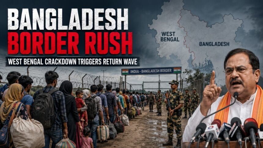 West Bengal Illegal Immigration news graphic showing a tense India-Bangladesh border scene with people carrying bags, security personnel, a regional map, and headline text about the border rush.