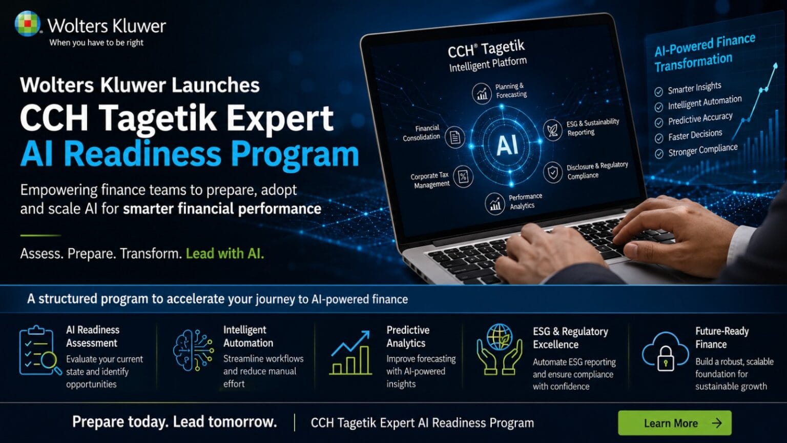 Corporate-style graphic showing the launch of the CCH Tagetik Expert AI Readiness Program by Wolters Kluwer with AI-powered finance dashboards, predictive analytics visuals, and enterprise transformation themes.