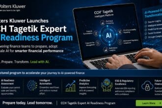 Corporate-style graphic showing the launch of the CCH Tagetik Expert AI Readiness Program by Wolters Kluwer with AI-powered finance dashboards, predictive analytics visuals, and enterprise transformation themes.