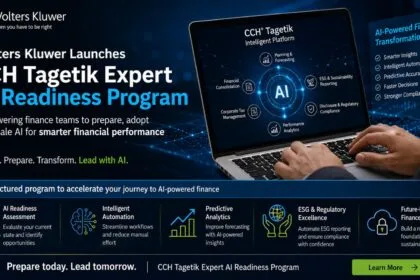 Corporate-style graphic showing the launch of the CCH Tagetik Expert AI Readiness Program by Wolters Kluwer with AI-powered finance dashboards, predictive analytics visuals, and enterprise transformation themes.
