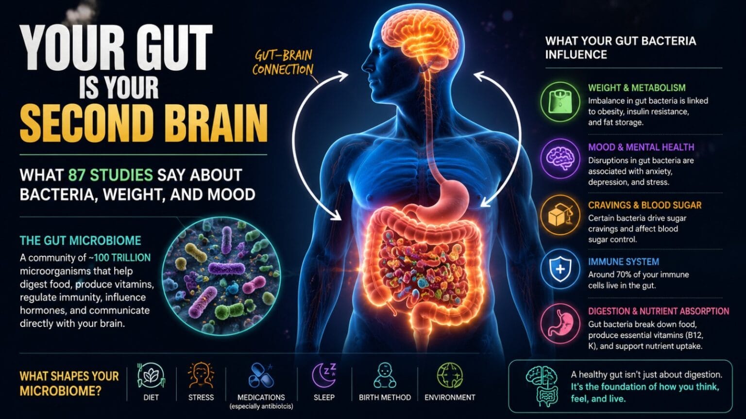 GUT BACTERIA visual explaining how the gut microbiome affects brain function, weight gain, mood, anxiety, digestion, and overall health through the gut-brain connection
