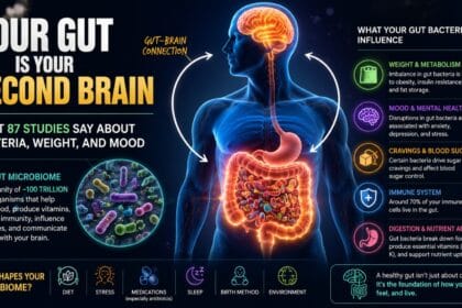 GUT BACTERIA visual explaining how the gut microbiome affects brain function, weight gain, mood, anxiety, digestion, and overall health through the gut-brain connection