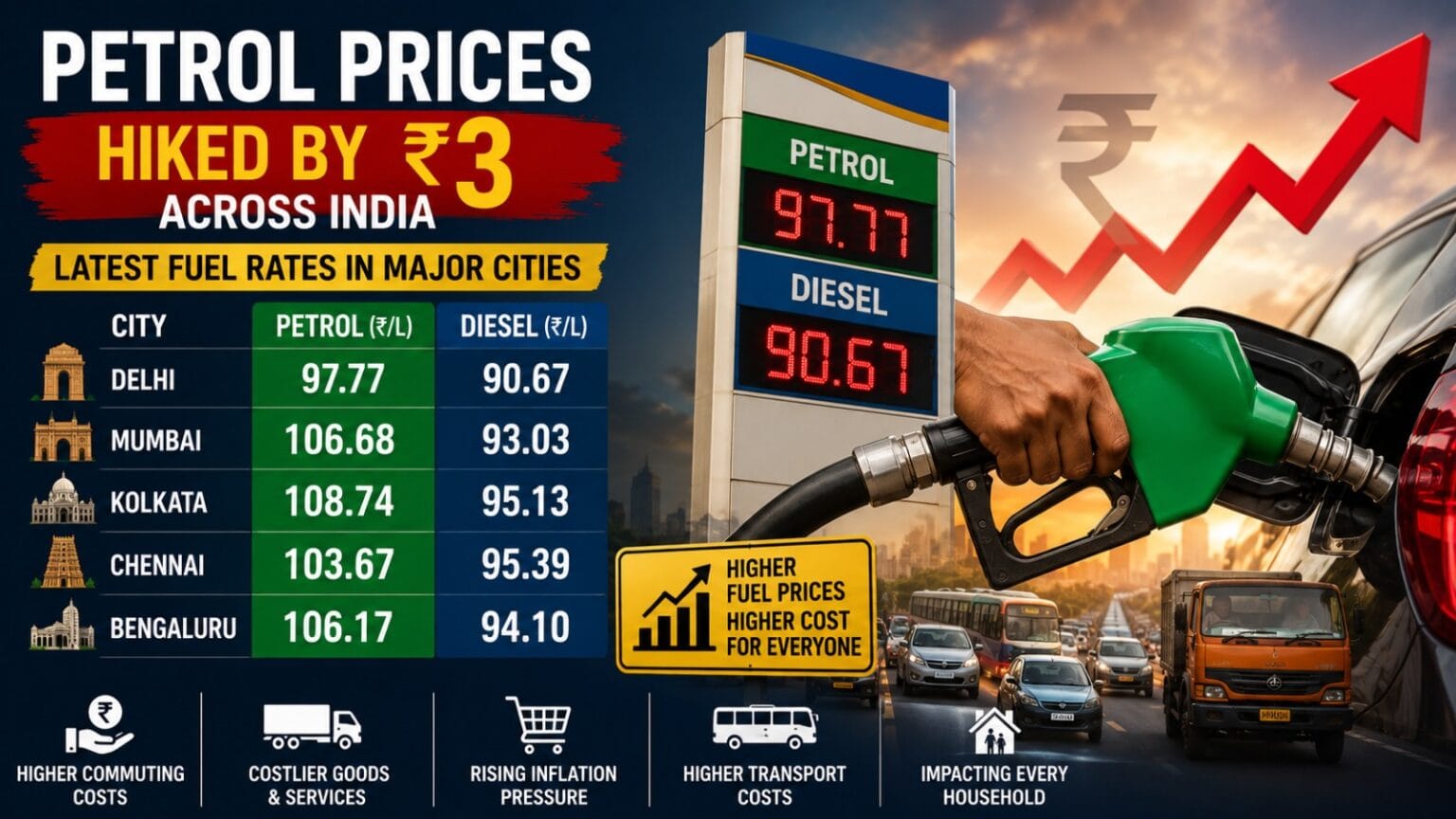 Petrol prices surge infographic showing increased fuel rates in major Indian cities, rising fuel pump prices, traffic congestion, and graphics representing inflation and higher transportation costs.