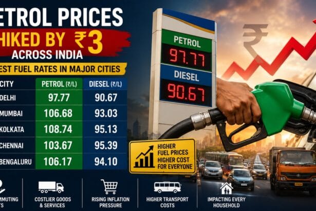 Petrol prices surge infographic showing increased fuel rates in major Indian cities, rising fuel pump prices, traffic congestion, and graphics representing inflation and higher transportation costs.