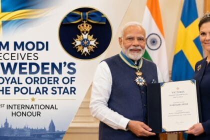 Prime Minister Narendra Modi receiving Sweden’s Royal Order of the Polar Star during an official ceremony, standing beside Crown Princess Victoria with Indian and Swedish flags in the background.
