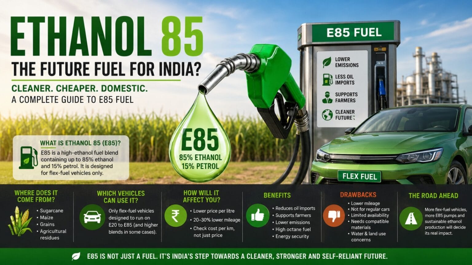 Ethanol 85 explained infographic showing an E85 fuel pump, green fuel nozzle, flex-fuel car, ethanol drop, crop fields, and key benefits such as lower oil imports, farmer support, cleaner emissions, and fuel compatibility.