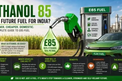 Ethanol 85 explained infographic showing an E85 fuel pump, green fuel nozzle, flex-fuel car, ethanol drop, crop fields, and key benefits such as lower oil imports, farmer support, cleaner emissions, and fuel compatibility.