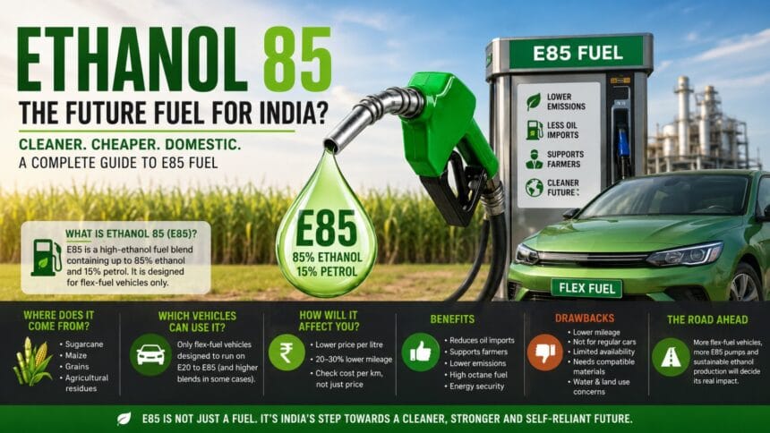 Ethanol 85 explained infographic showing an E85 fuel pump, green fuel nozzle, flex-fuel car, ethanol drop, crop fields, and key benefits such as lower oil imports, farmer support, cleaner emissions, and fuel compatibility.