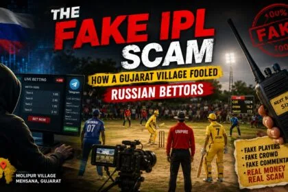 Fake IPL Scam visual showing a staged cricket match in a Gujarat village, Russian betting screen, walkie-talkie instructions, fake players, fake commentary and cricket fraud elements.