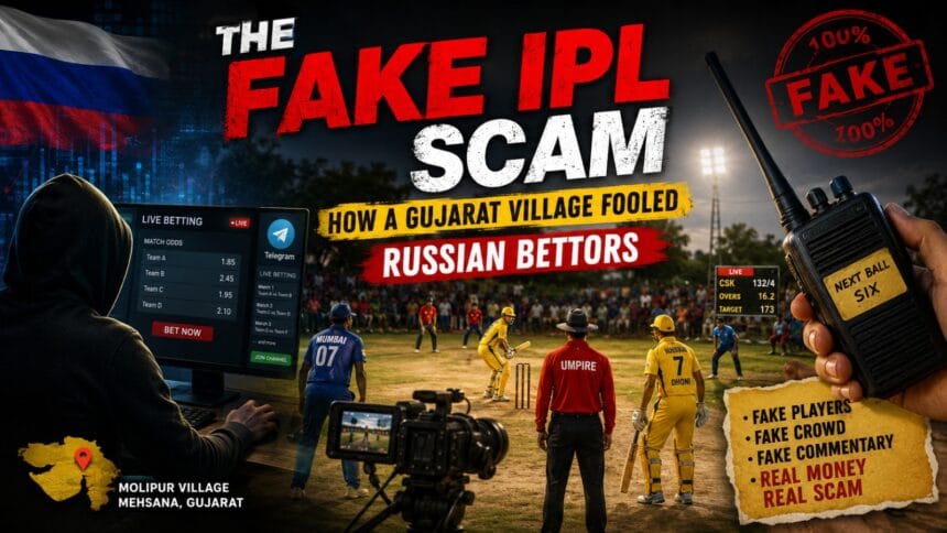 Fake IPL Scam visual showing a staged cricket match in a Gujarat village, Russian betting screen, walkie-talkie instructions, fake players, fake commentary and cricket fraud elements.