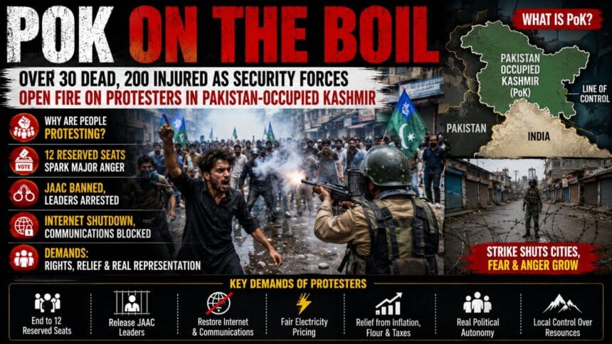 PoK Protests news graphic showing protesters clashing with security forces in Pakistan-occupied Kashmir, with a regional map, shutdown visuals, and key demands over reserved seats, arrests, internet restrictions, and political representation.