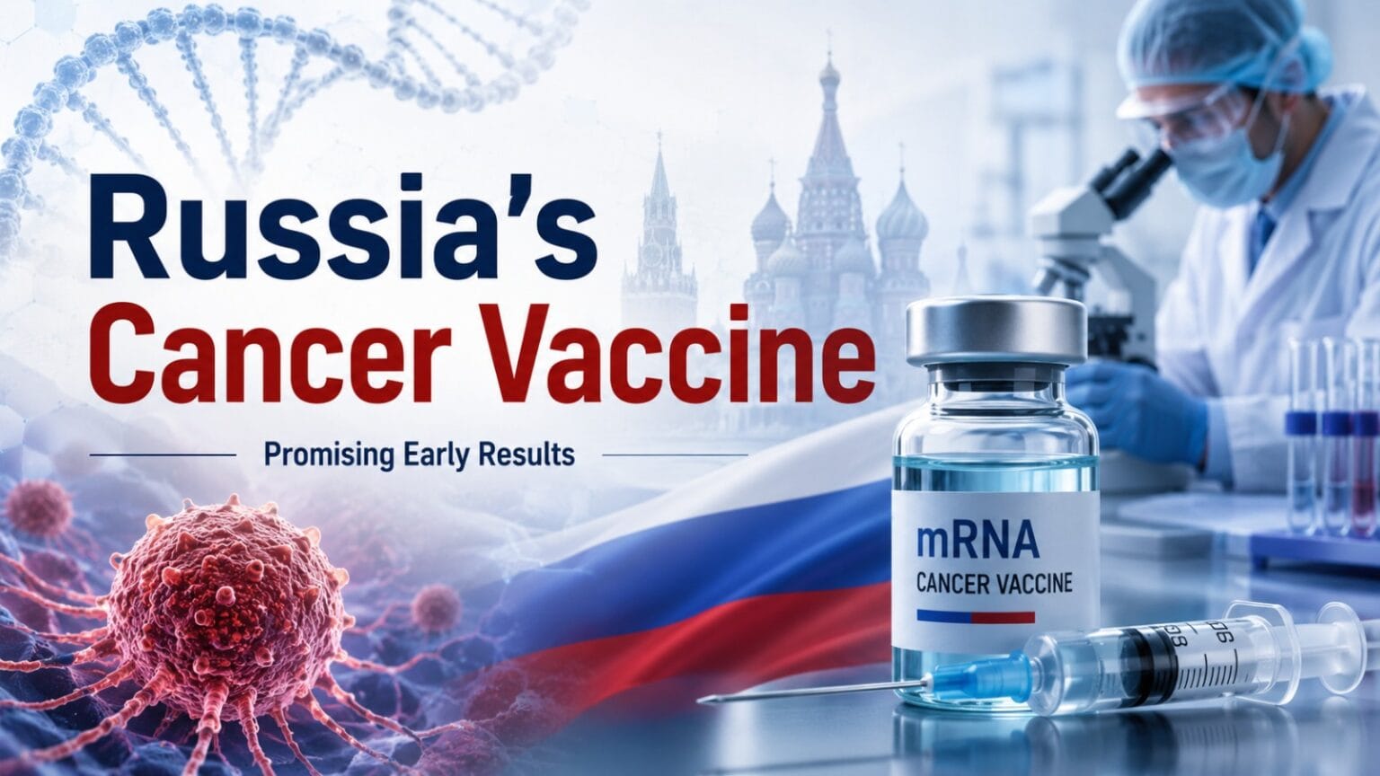 Russia’s cancer vaccine research concept showing an mRNA cancer vaccine vial, syringe, cancer cells, DNA visuals, and a scientist working in a laboratory, highlighting promising early results.