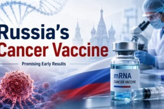 Russia’s cancer vaccine research concept showing an mRNA cancer vaccine vial, syringe, cancer cells, DNA visuals, and a scientist working in a laboratory, highlighting promising early results.