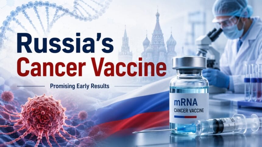 Russia’s cancer vaccine research concept showing an mRNA cancer vaccine vial, syringe, cancer cells, DNA visuals, and a scientist working in a laboratory, highlighting promising early results.