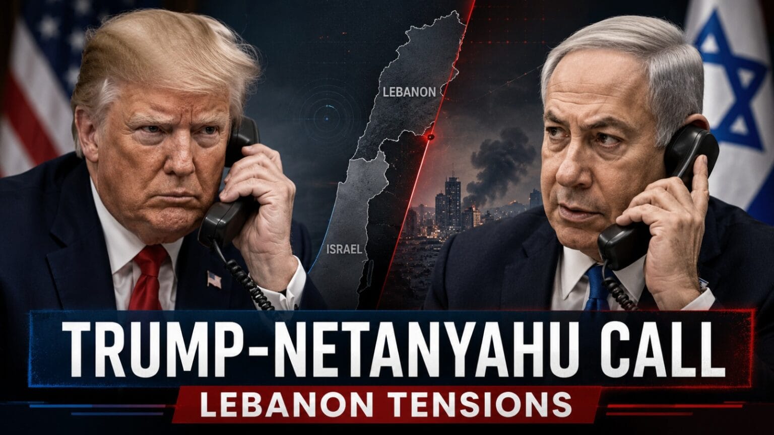 Trump and Netanyahu Phone Call news graphic showing Donald Trump and Benjamin Netanyahu on a tense phone call, with Israel-Lebanon map visuals, Beirut skyline, and Lebanon tensions in the background.